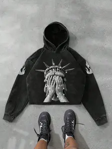 Men's Vintage Hoodie, Washed 'crying Statue of Liberty' Print, Cotton Blend Fabric, Thick Fleece Lining, Kangaroo Pocket, Fall Winter Essential