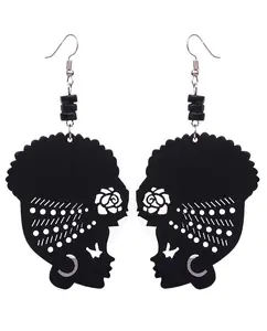Elegant African Woman Wooden Turban Earrings With Bead Dangle Hook - Stylish Statement Piece
