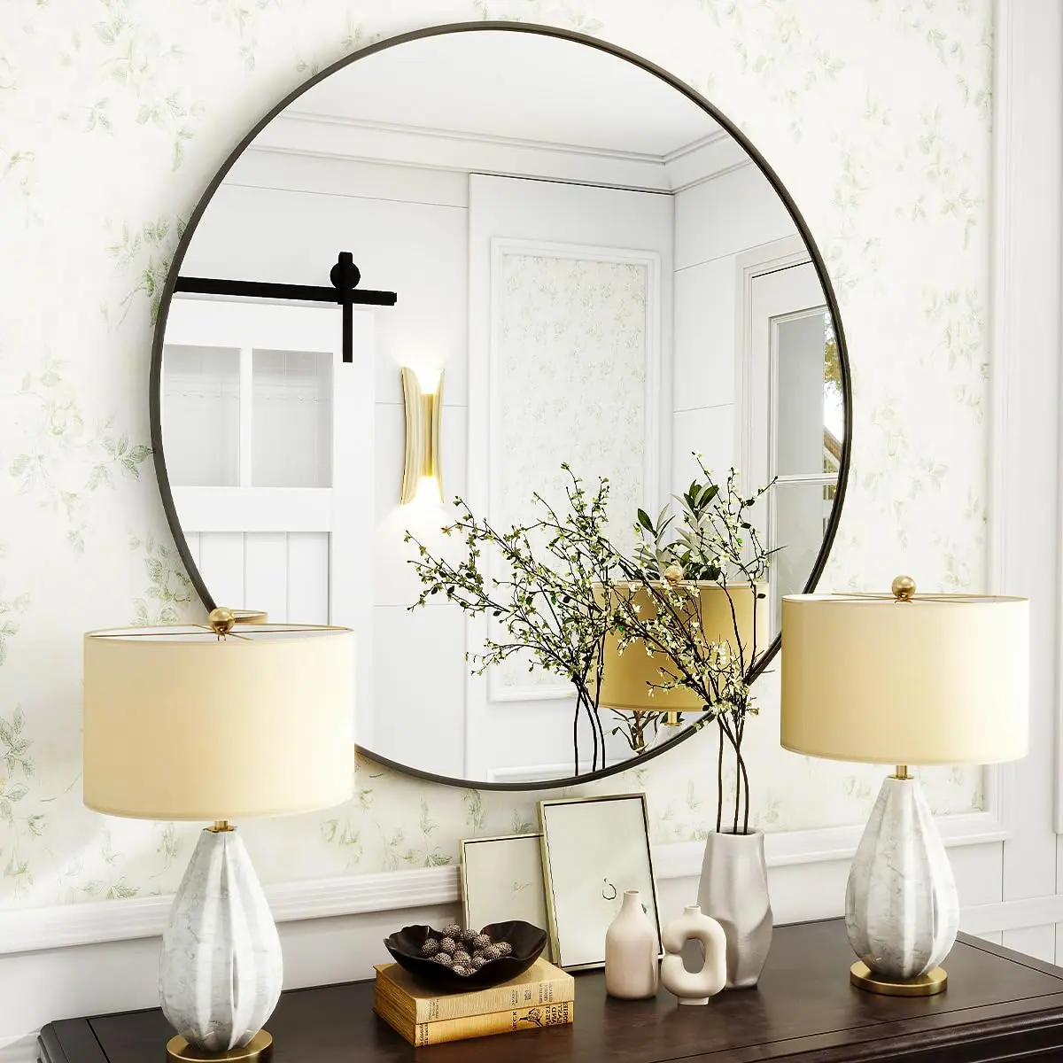 Round Mirror 30 inch, Black Circle Mirror Metal Frame, Round Wall Mounted Mirrors Modern Round Hanging Mirror for Bathroom, Hallway, Living Room