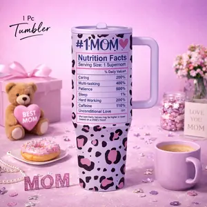 1 Pc 40oz insulated tumbler with handle, vacuum thermal mug, double wall stainless steel, keeps hot 12h cold 24h, leak proof lid with straw, #1 mom gift cup, leopard print pink design, for coffee tea water, travel mug for women, Drinkware