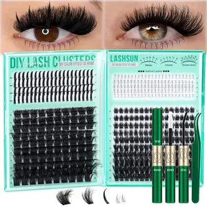 Lashsun 400PCS 4 Styles D Curl DIY Eyelash Clusters Kit, 200D+Mega 100D Volume Lash Clusters with Spikes Lashes Bottom Lashes Wispy Cluster Eyelash Extensions Kit Mixed Length 5-21mm, Kit With Lash Bond and Seal Tweezers, DIY at Home Easily, Easy to Apply