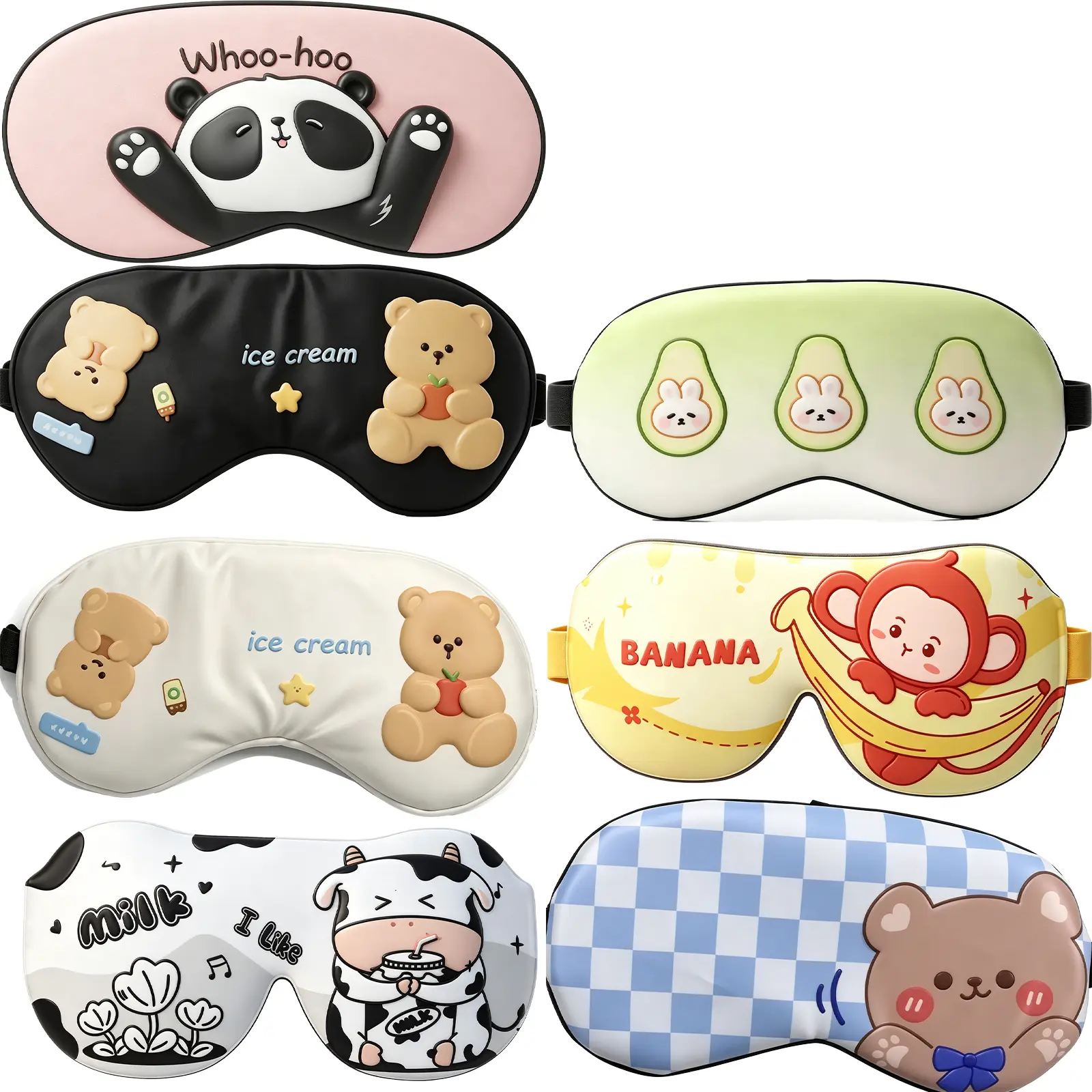7Pcs Kawaii Cartoon Silk Sleep Eye Mask, Cute Panda Bear Avocado Light Blocking Eyeshade with Adjustable Strap, Soft Comfort Blindfold for Women Girls Teens Travel Nap Home Sleeping