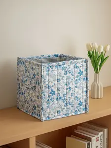 Floral Print Quilted Storage Cube Bin, Fabric Organizer with Handle, Collapsible Aesthetic Storage Basket for Closet Shelves