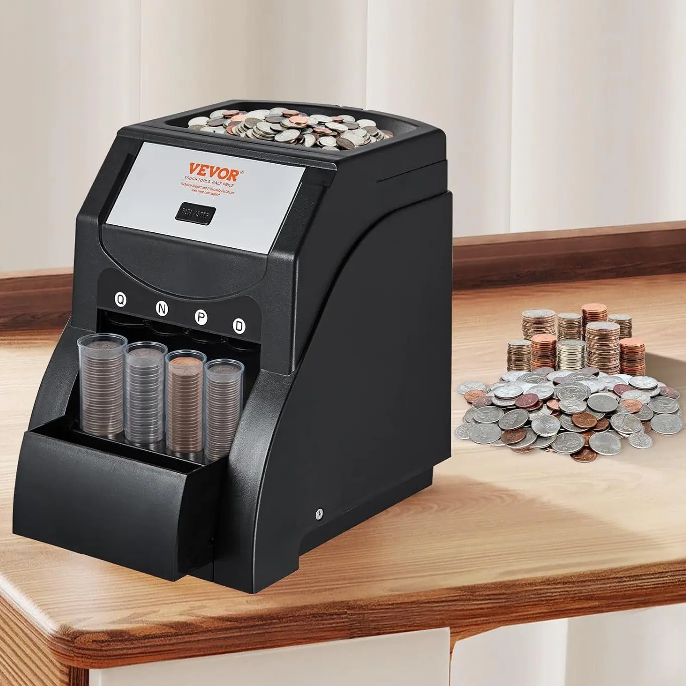 VEVOR Coin Sorter, Coin Sorter and Wrapper Machine with 4 Larger Coin Tubes, Sorts USD Coin 1¢ 5¢ 10¢ 25¢, Up To 230 Coins/min, Black