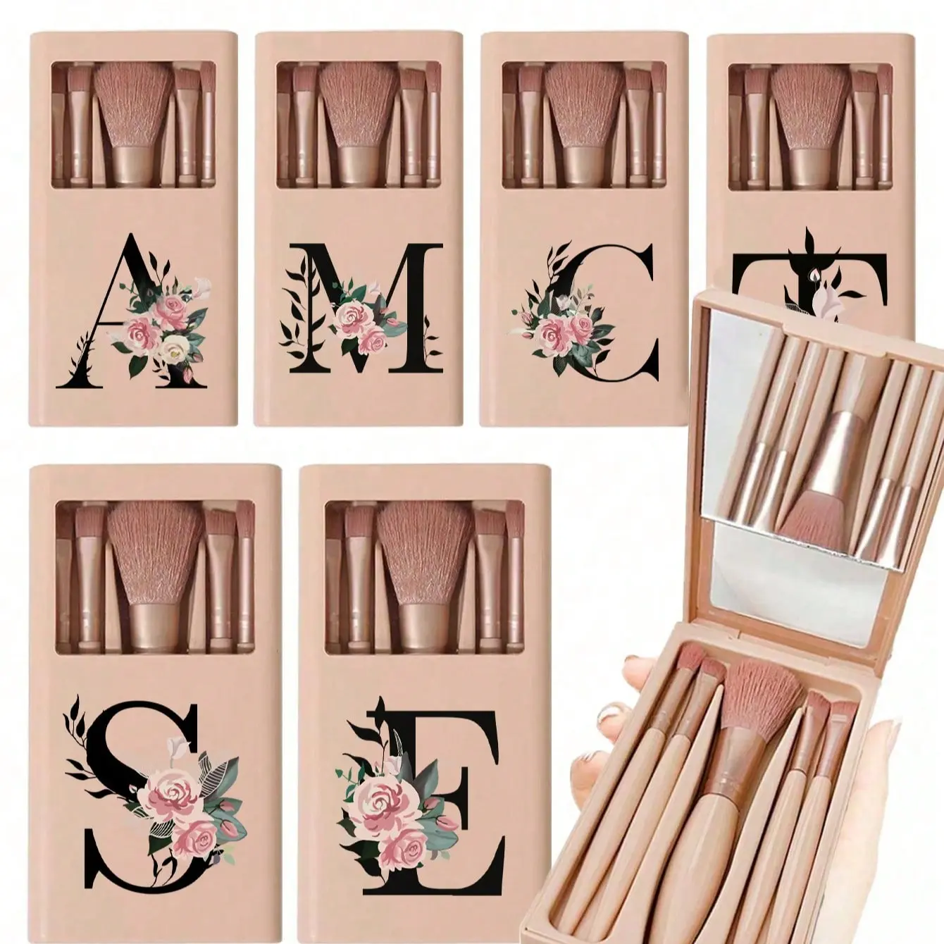 Portable Makeup Brush Set with Mirror, Floral Pattern Letters A-Z, Multi-Functional Cosmetic Brushes, Boxed Mini Makeup Pen, Beauty Travel Brush