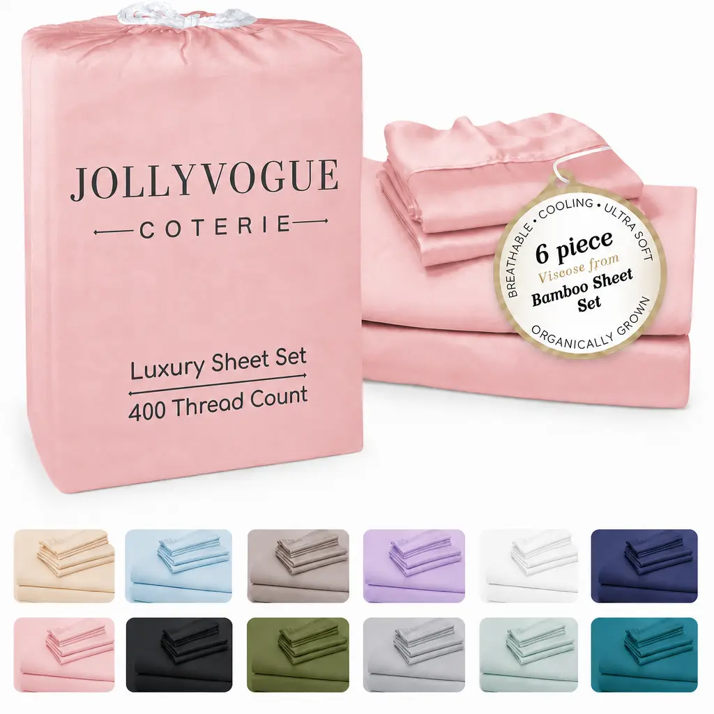 Jollyvogue 4/6-Piece Bamboo Fiber Cooling Queen-Size Bedding Set—Breathable and comfortable ideal for children and those who tend to overheat or sweat easily. Includes pillowcases, a flat sheet, and a fitted sheet—a perfect choice for summer home comfort.