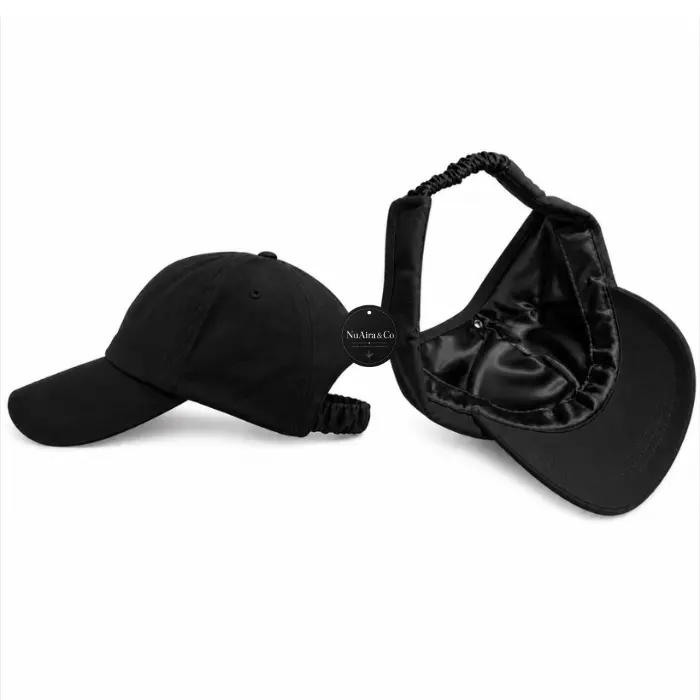 Satin-Lined Backless Baseball Cap - Adjustable Hat, Casual Style, Midweight Fabric, Scrunchie Compatible, Shiny Locks Support, Healthy Open-Back Design, 1 Size Fits Most, Friction Reduction Black Cap