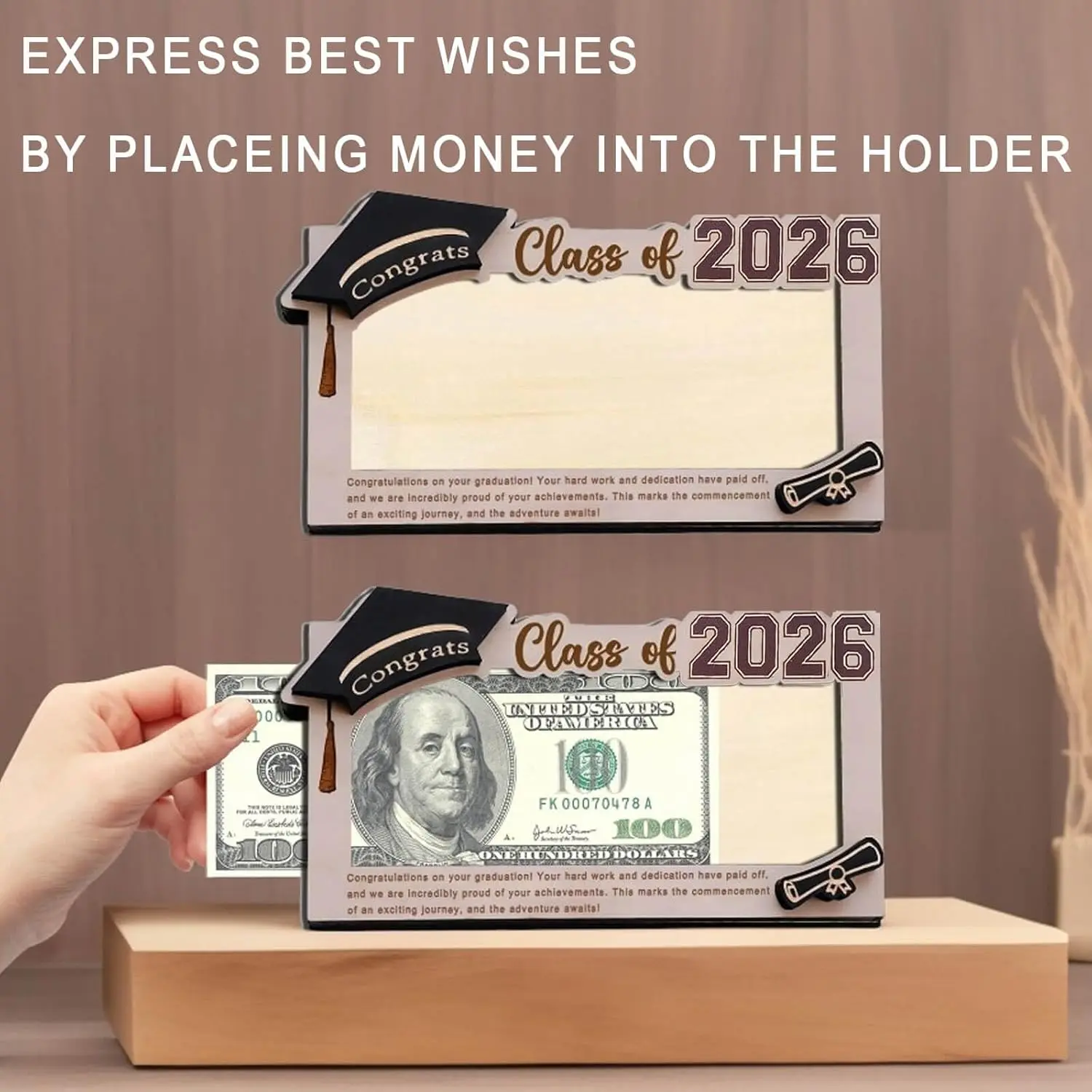 Graduation Gifts 2026 Money Holder, Wooden Graduation Money Cash Envelope Box for Class of 2026 Senior College University Graduates Holiday Christmas Gifts