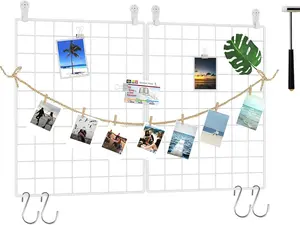 UWWGM3402W Photo Wall Panel & Wall Grid Panel Set of 2 with Hooks, Clips, and Hammer, 15.7" × 11.8" White Design