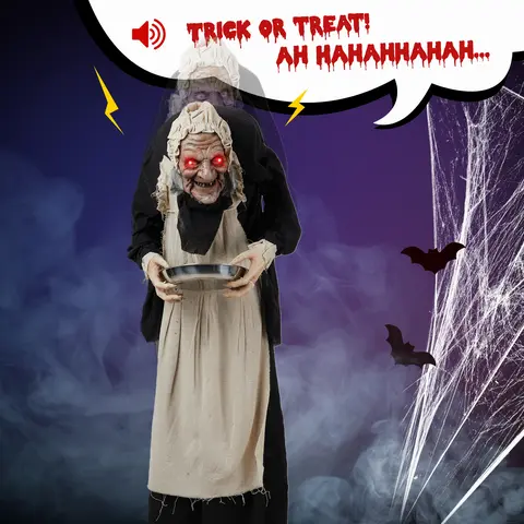 VINGLI Scary Halloween Clown Standing Figure Decoration - Movable, Sound-Activated LED Glowing Eyes, Popping Animatronic, Talking Horror Mask, Battery-Powered Ornament for Indoor-Outdoor Holiday Use (Batteries Not Included)