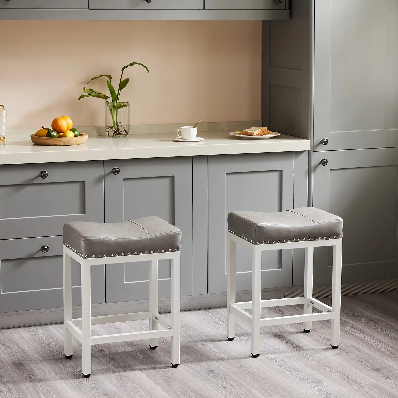 2 Pack Saddle Bar Stools Counter Height 24-Inch Modern PU Leather Barstools with Metal Base, Footrest Saddle Bar Stool Kitchen Stools
