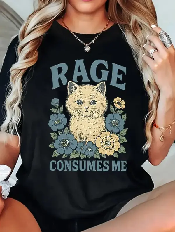 Cat Meme Shirt - Funny Cat T-Shirt, Kitten Weirdcore T Shirt, Rage Consumes Me, Sarcastic Graphic Tee, Shirt-funny cat lady Casual Round Neck