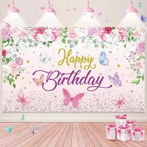 Butterfly Birthday Banner, Women'S Pink Butterfly Decorations, Shower Butterfly Background, Fairy Birthday Decorations, Butterfly Birthday Party Supplies, Occasion: Birthday, Material: Polyester, Pow