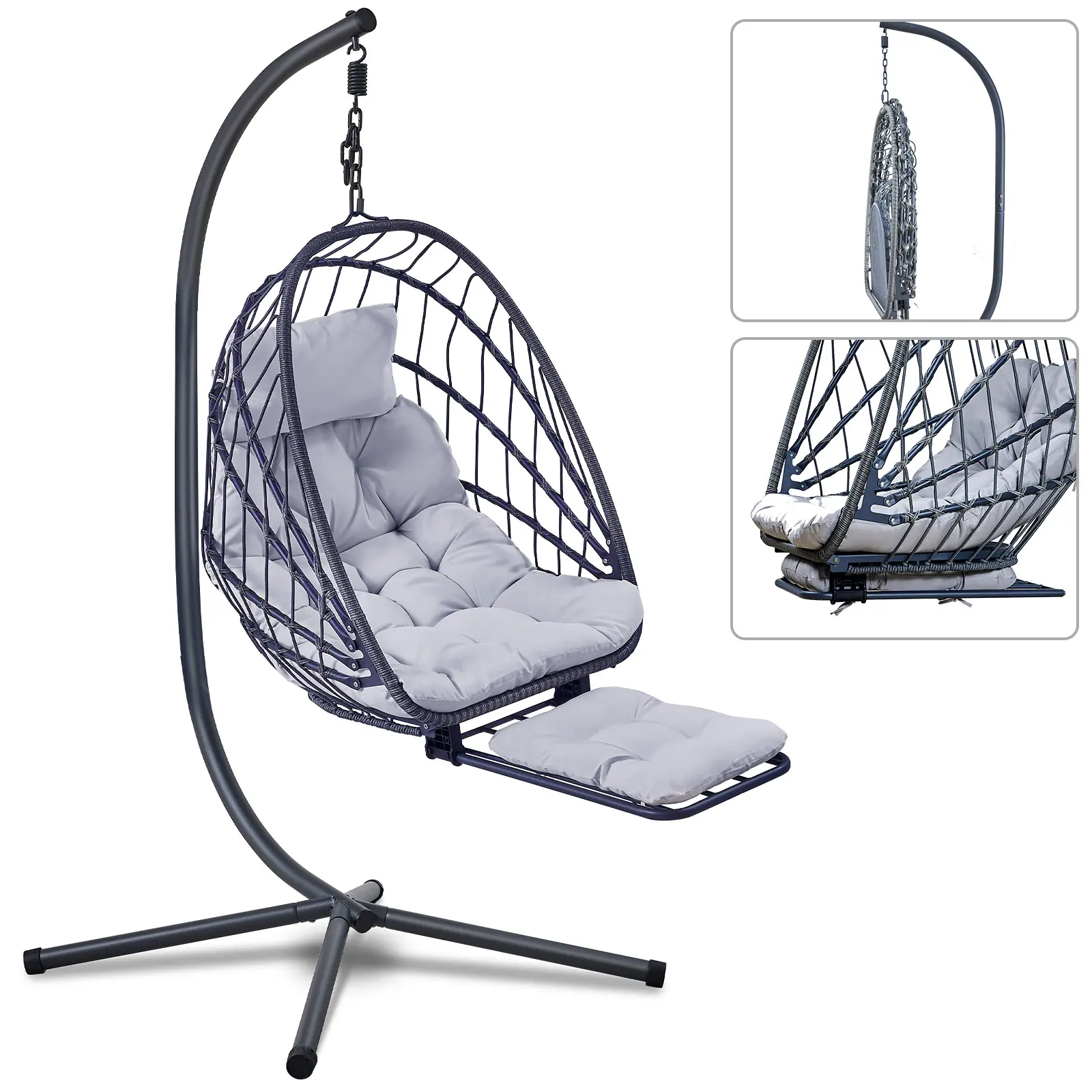 #Summervibes BROTTAR Hanging Egg Chair with Leg Rest and Stand – Rattan Wicker Swing Hammock Chair, UV-Resistant Cushion, Heavy-Duty Frame for Indoor & Outdoor Patio, Bedroom, Balcony, Garden – 330 lbs Capacity(Grey)