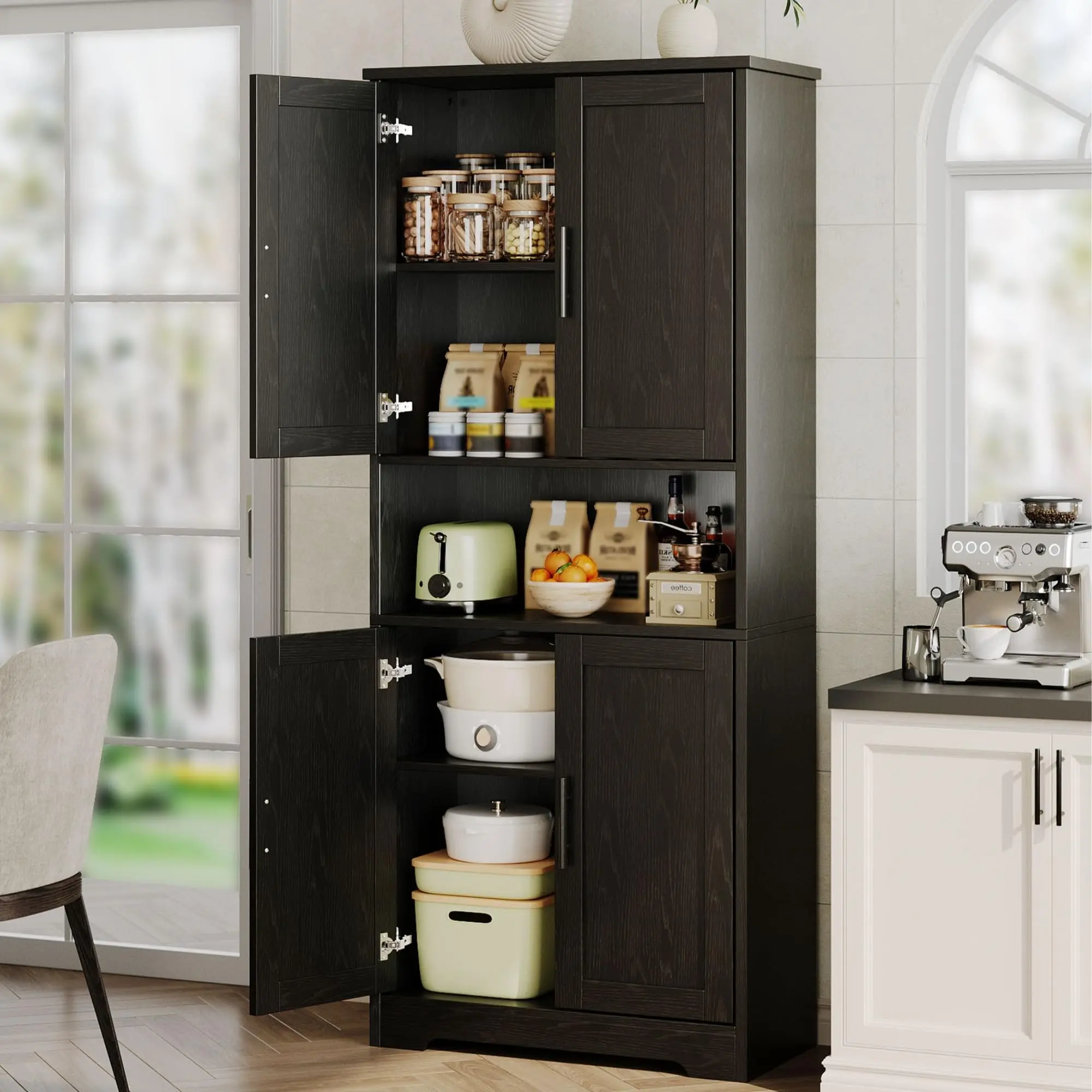 Garvee Black Freestanding Rectangular Pantry Cabinet - 70" Tall Indoor Storage Cupboard (15.7"d x 30"w x 70"h, 79 lbs) with Flat Panel Doors, Adjustable Shelves, Floor Mount Base for Kitchen, Bathroom