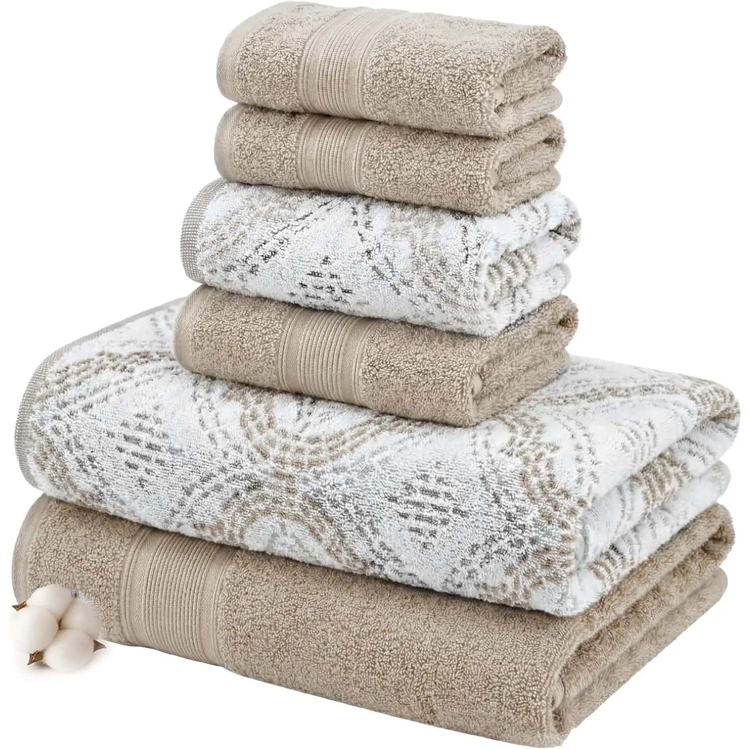 6-Piece Reversible Yarn Dyed Jacquard Towel Set - Bath Towels, Hand Towels & Washcloths - Super Absorbent & Quick Dry 100% Combed Cotton, Khaki