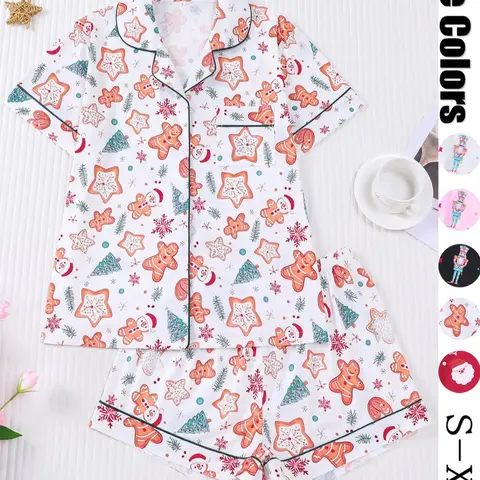 【Christmas】Women's Christmas Pajama Set, Cute Gingerbread Man Print, Button Front Short Sleeve Top & Loose Shorts, Casual All-Season Sleepwear