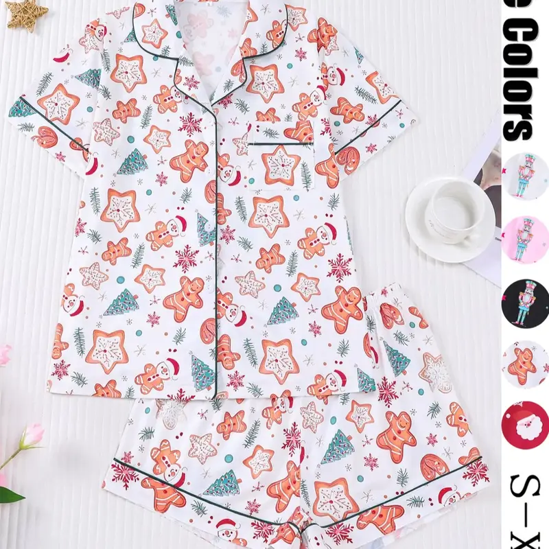 【Christmas】Women's Christmas Pajama Set, Cute Gingerbread Man Print, Button Front Short Sleeve Top & Loose Shorts, Casual All-Season Sleepwear