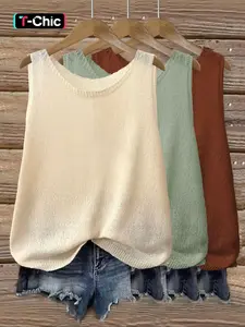 Pure Color Solid Round Neck Half-Transparent Breathable Lightweight Casual Loose Knit Vest Set, Three-Piece Plain Style, Comfortable and Versatile