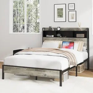 Twin/Full Size Bed Frame, Wooden Platform Bed Frame, with Storage and 2 USBs, no Noise, no Need for Box Springs, Easy to Assemble Tools, Large Storage Space Under The Bed, Antique Gray