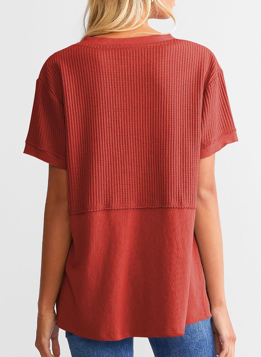 Women's Loose Fit Waffle Knit Splice V-Neck Top | Casual Trendy Short Sleeve Shirt.
