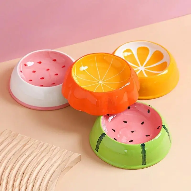 Pet Ceramic Feeding Dish - 4 Cute Designs, Watermelon & Strawberry Shapes, Colorful Option for Small Dogs & Cats, Watermelon Bowl, Strawberry Bowl