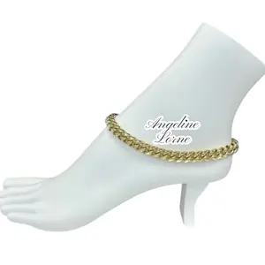 Angeline L'orne Tobillera Cubana Gruesa 8mm 11 inch 14K Gold Laminated Stainless Steel Ankle Bracelet Water Resistant Elegant Design