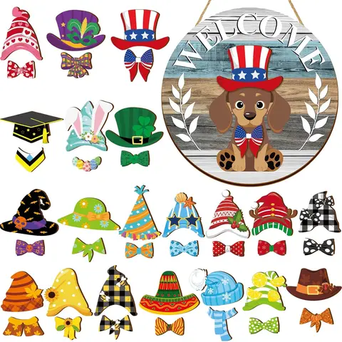 Interchangeable Welcome Sign Beagle Lover Gift Wooden Sign for Door Decor with 20 Magnetic Hats Accessories Door Hanger for Holiday Seasonal Party Birthday Home Wall Living Room Garden, 4th of July Gift for Dog Lovers
