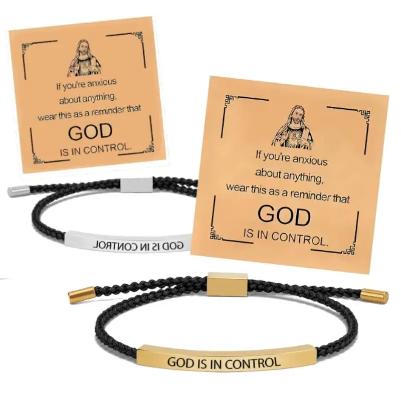 Unisex Adjustable Stainless Steel-Braided Rope Metal Cross Bracelet - Engraved "God Is In Control" Letters, Minimalist Casual Daily Inspirational Bangle, 30cm/11.81in Faith Gift for Birthday, Christmas, Costume Jewelry