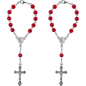 2PCS Car Rosary for Rearview Mirror, Personalized Auto Mirror Decor Rosary & Cross Pendant, Religious Cross Medal Blessing Beads, Interior Rear View Mirrors Charm Auto Decor (Red)