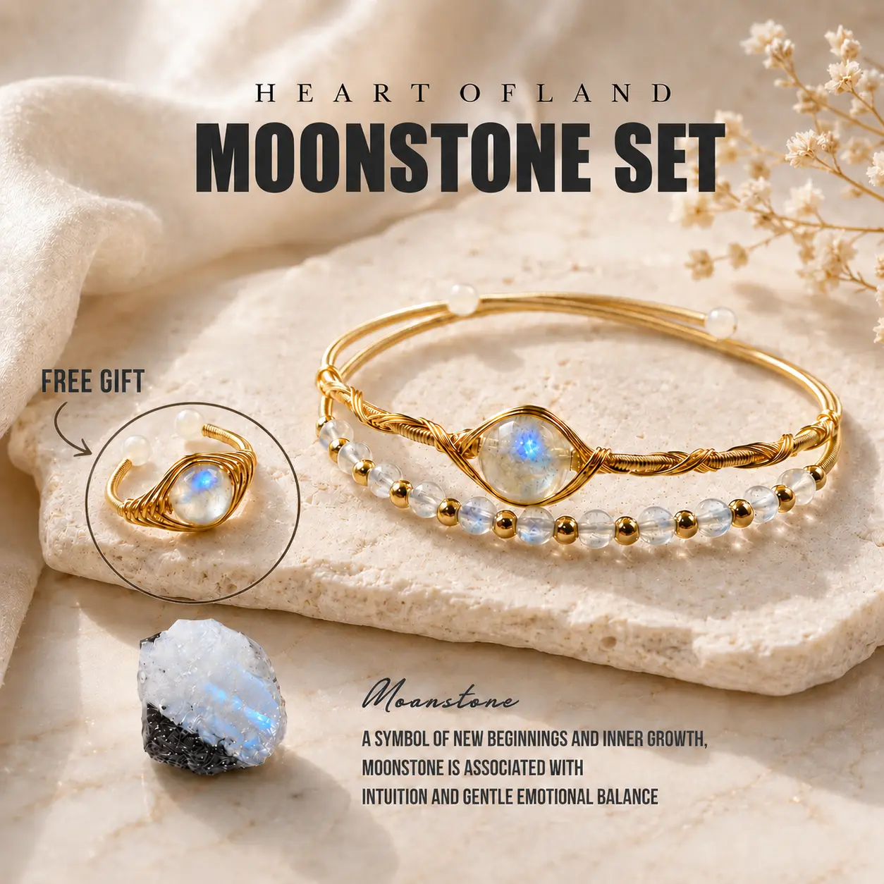 Heartofland Ladies' Moonstone Bracelet and Ring Set, Gold Wire-Wrapped Jewelry Set, Bohemian Style Gift, Gift for Her