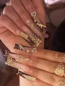 24pcs Y2K Style Pink Rectangle Press-On Nails, Leopard Print French Tip Design With Rhinestones, Hearts, Guns, Music Notes And Bows Decorations, High Gloss Full Coverage, Suitable For Women And Girls Daily Wear, Party And Date Manicure Set