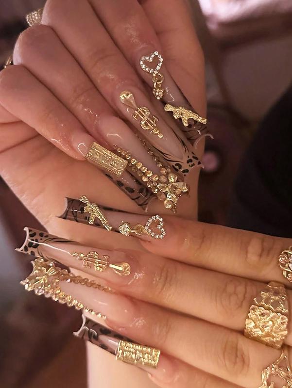 24pcs Y2K Style Pink Rectangle Press-On Nails, Leopard Print French Tip Design With Rhinestones, Hearts, Guns, Music Notes And Bows Decorations, High Gloss Full Coverage, Suitable For Women And Girls Daily Wear, Party And Date Manicure Set