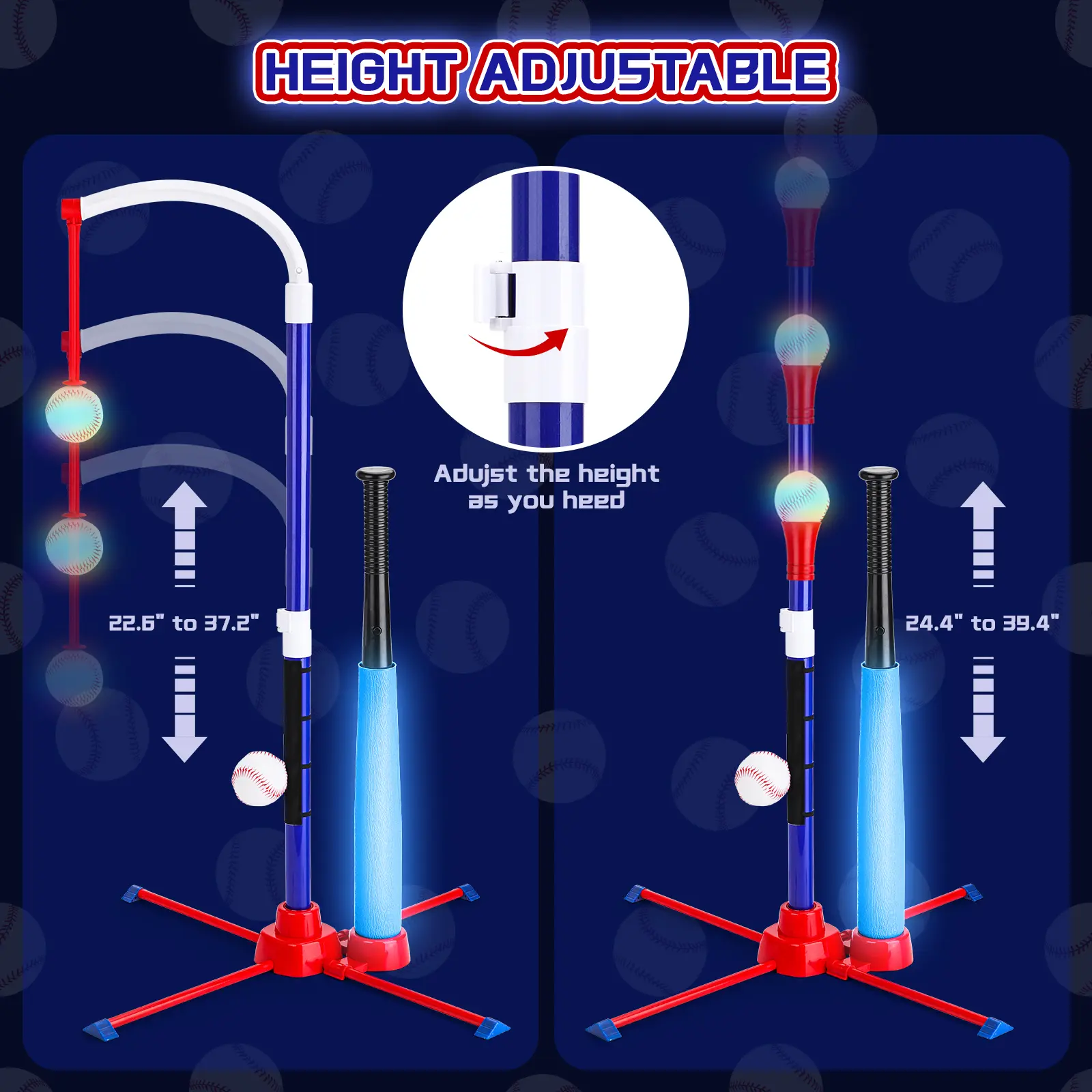 deAO Light up Tee Ball Set, 3-in-1 T Ball Set - Adjustable Height, Hanging Tee Ball Set with Automatic Pitching Machine/4 Balls/Retractable Bat, for Kids 5-8, Kids Outdoor Playset Baseball Toys Gifts for Boys Girls