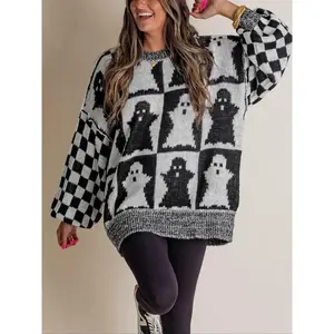 Women’s Halloween Ghost Plaid Pullover Sweater, Casual Loose Fit Round Neck Knitwear, Fall & Winter Outdoor Wear