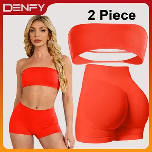 DENFY  Two-Pieces Suit Impact Backless Bandeau&Impact Shorts Fitness Gymwear Women's Padded Strapless Wireless Solid Seamless Yoga Workout Bralette High Stretch Durable Fabric