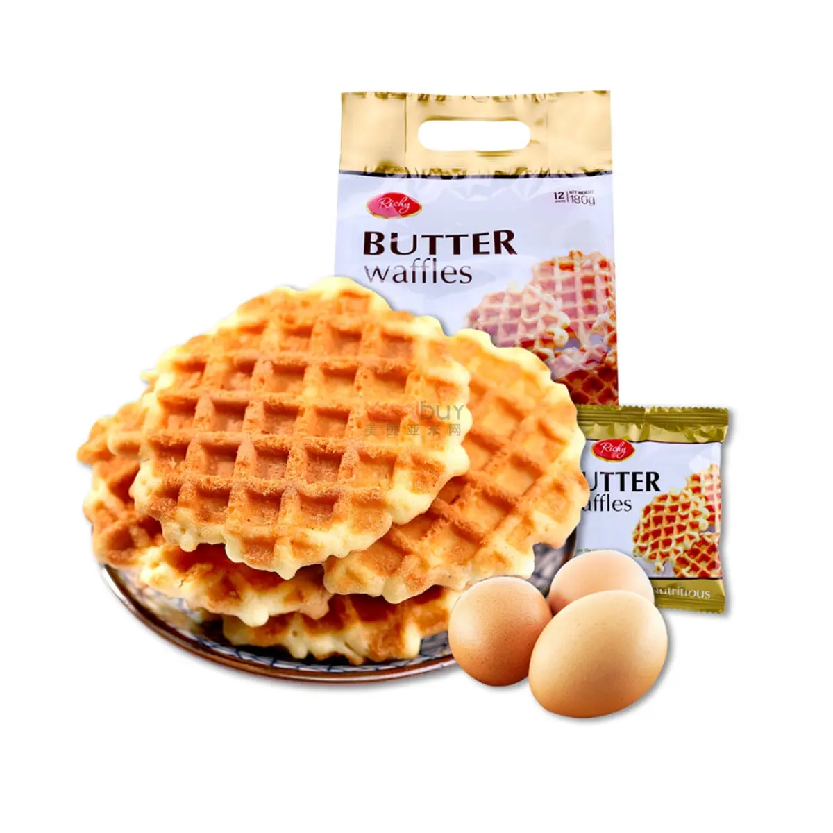 RICHY Premium Butter Waffles - 100% Fresh Eggs (6.34 oz / 12 Packs) Delicious Egg Waffle Cookies - 12 Individually Wrapped Packs
