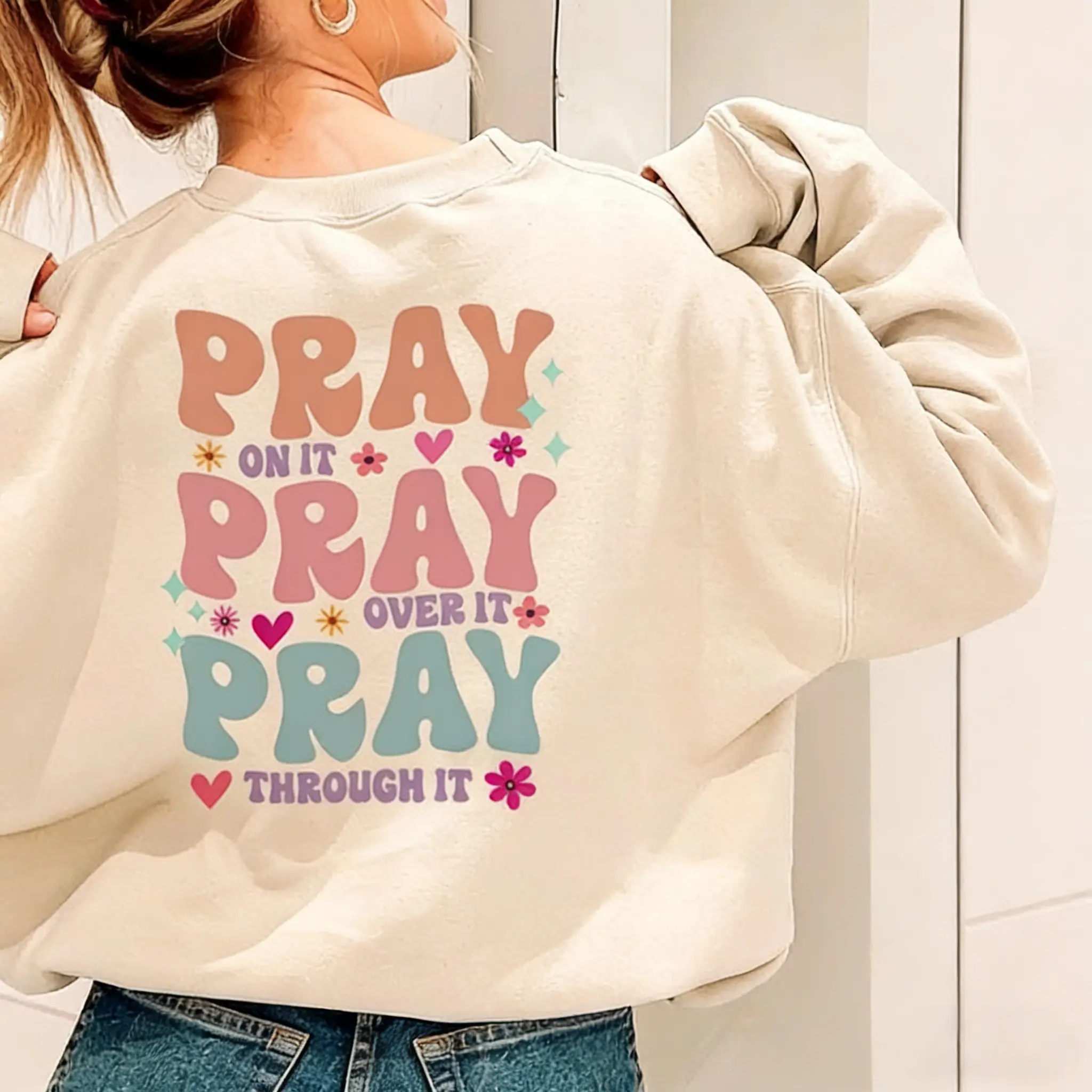 Holafish Pray On It Christian Sweatshirt Religious Bible Verse Crewneck Unisex Light Fleece Faith Hoodie Casual God Gifts Apparel summervibes