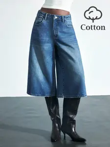 Women's Summer Street Style Loose-Fitting Denim Mom Shorts, Vintage Washed Design, Wide-Leg Comfortable Pants for Casual Wear, Basic
