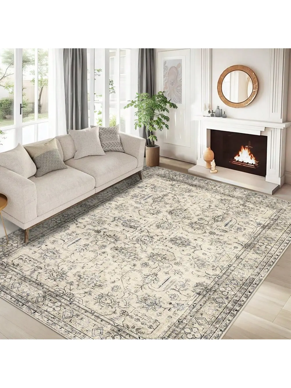 【Christmas Gift】Beige-8*10 feet  Vintage Machine Washable Area Rug For Living Room Non Slip Non Shedding Distressed Floral Print Neutral Carpet Low Pile Stain Resistant Indoor Foldable Floor Cover For Living Room Bedroom Kitchen Playroom Under Table