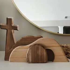 Wooden Cross Statue Ornament Set Natural Wood Color Tomb Statue for Holiday Decor Indoor & Outdoor Use Unique Design Gift Religious Decorations Decorative