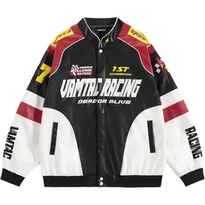 Vamtac Mens Racing Jackets Oversized Vintage Leather Bomber Jacket Baseball Racer Varsity Coats Streetwear