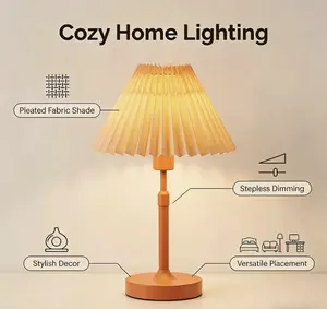 Fabric Pleated Lampshade, Type-C charging port, supports both corded and cordless use. Features 2700K warm white light and stepless dimming.