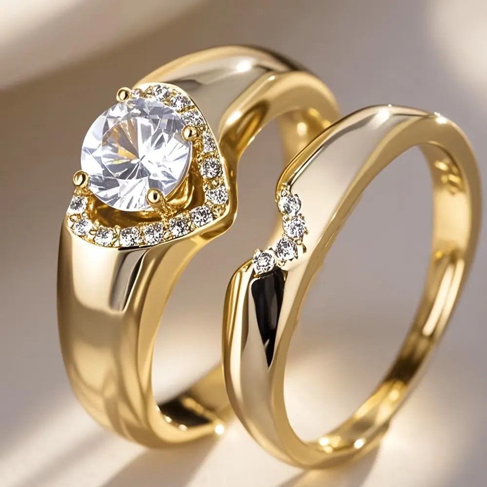 Couple's 2-Piece Round Cut Cubic Zirconia Engagement Ring Set, Gold-Tone Matching Wedding Bands, Fashion Engagement Rings for Him & Her, Romantic Bridal Costume Jewelry Promise Gift, Cubic Zirconia Rings