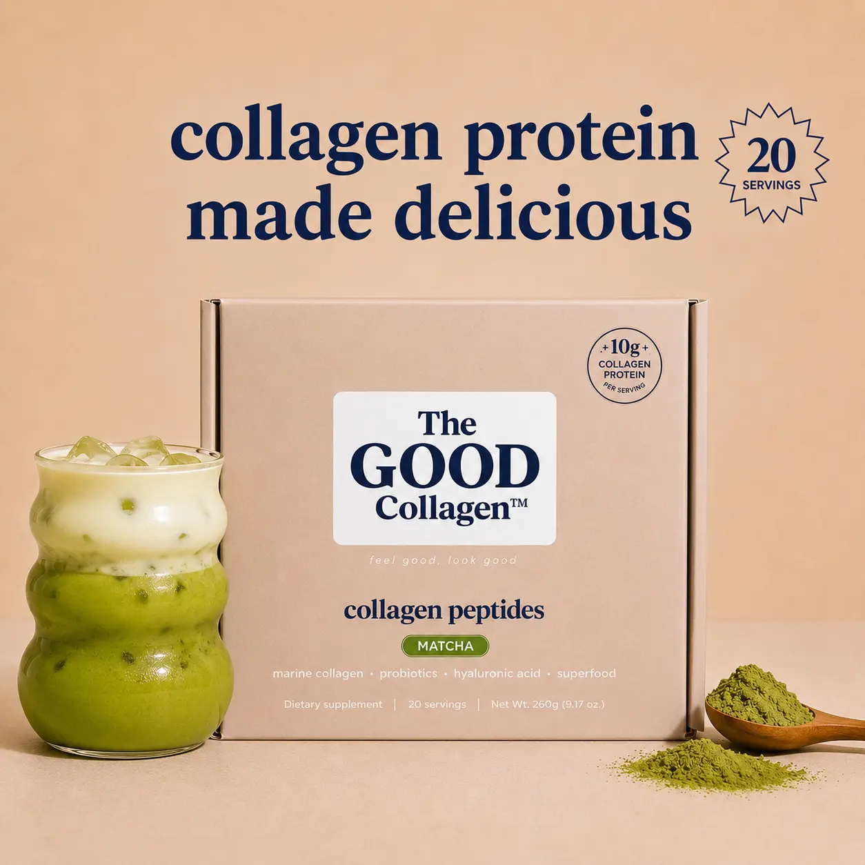 The Good Collagen - Marine Collagen Peptides with Probiotics, Hyaluronic Acid & Organic Matcha | 20 Servings
