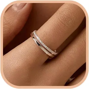 14K Gold Plated Cubic Zirconia Dual Stacking Rings for Women 925 Sterling Silver Eternity Engagement Wedding Band Ring Bride Thumb Ring Jewelry Birthday Christmas Gifts for Mom Wife