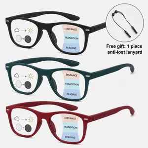 3 Pack Progressive Multifocal Reading Glasses, Photochromic Blue Light Blocking Readers, Light-Adaptive No-Line Multifocal Eyewear with Free Anti-Lost Lanyard, Lightweight Everyday Glasses