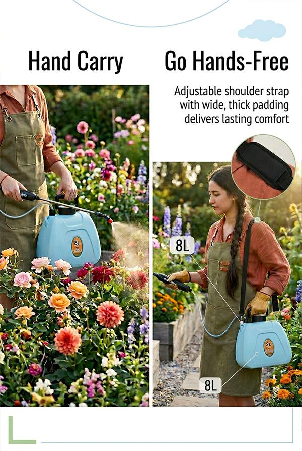 2 Gallon Battery Powered Garden Sprayer, Electric Rechargeable Sprayer with 2 Speeds, 4 Nozzles, Telescopic Wand, Battery Indicator, Shoulder Straps & Storage Bag