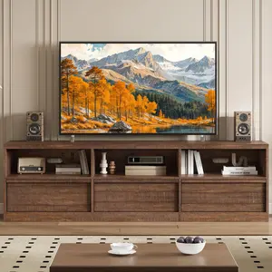 70 Inch TV Stand for 80 Inch TVs, Mid Century Modern Entertainment Center with Storage Drawer and Open Shelves, Wood Media Console Cabinet with Cable Management, Water and Scratch Resistant TV Console for Living Room Bedroom