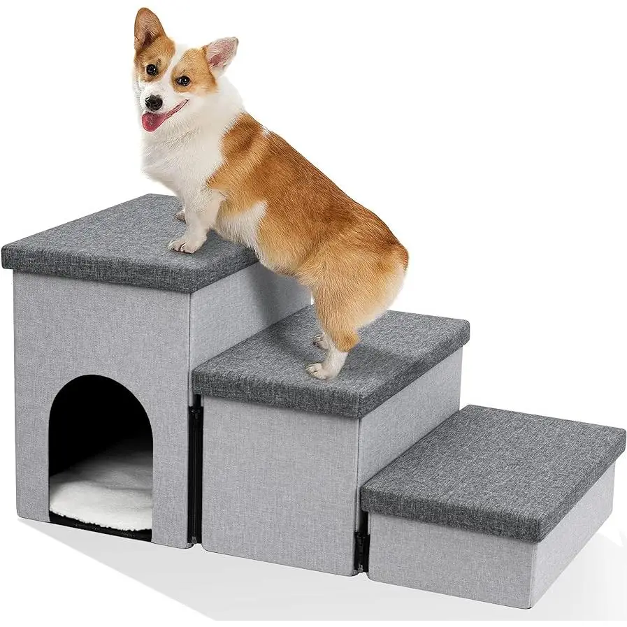 Heeyoo Dog Stairs for Small Dogs, Foldable Dog Steps for Couch and High Bed, 3-Step Pet Stairs with Storage and Pet House, Non-Slip Dog Ramp for Small